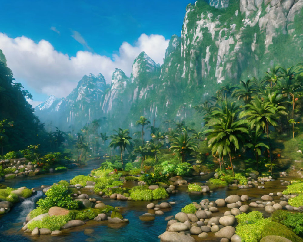 Scenic landscape with mountains, river, and lush greenery