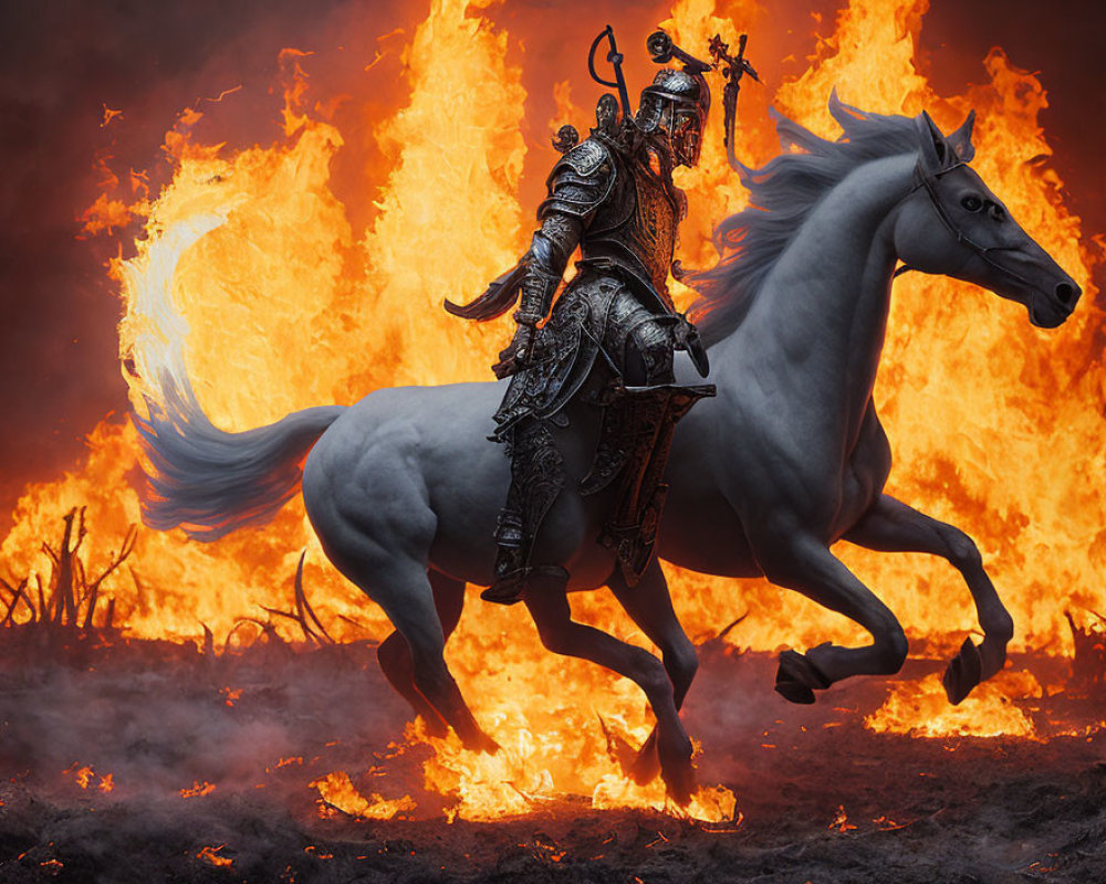 Armored knight on white horse amidst roaring flames