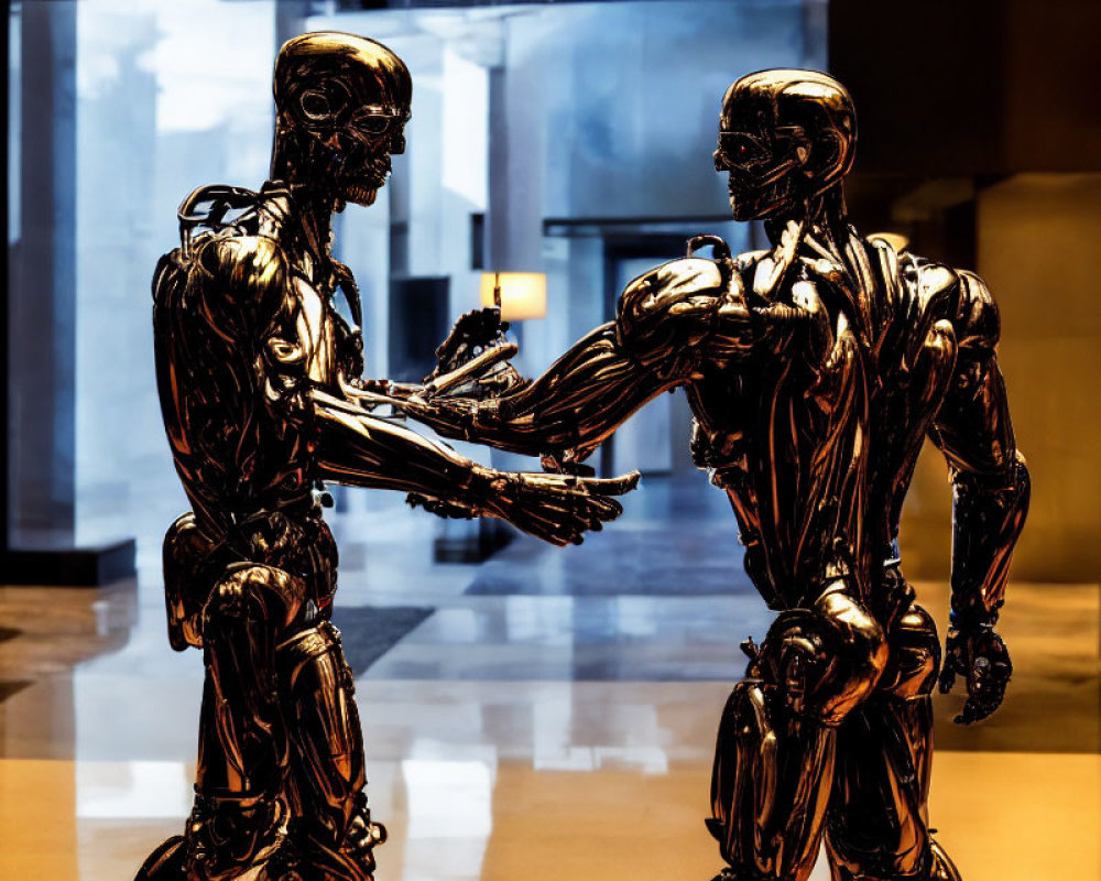 Metallic humanoid sculptures in handshake pose in warm backlit setting