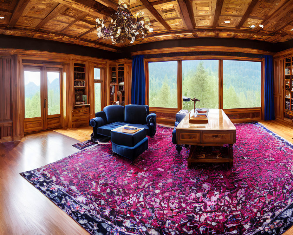 Rustic cabin interior with mountain views, blue sofa, rug, and bookshelf