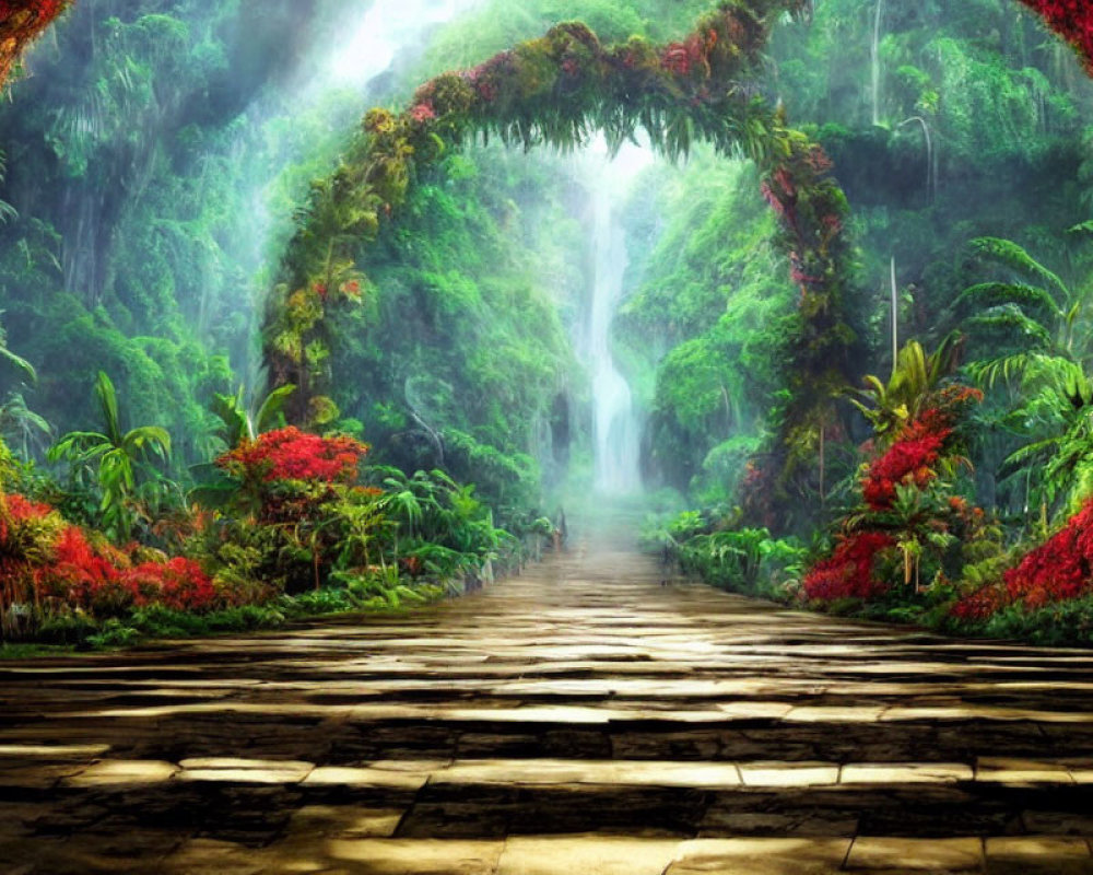 Lush Jungle Scene with Red Flowers, Wooden Path, and Waterfall