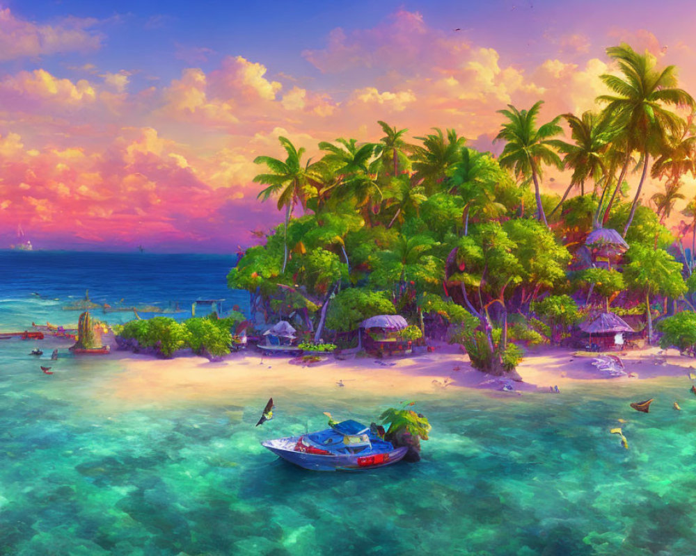 Tropical Island with Palm Trees, Huts, Boat, and Sunset Sky