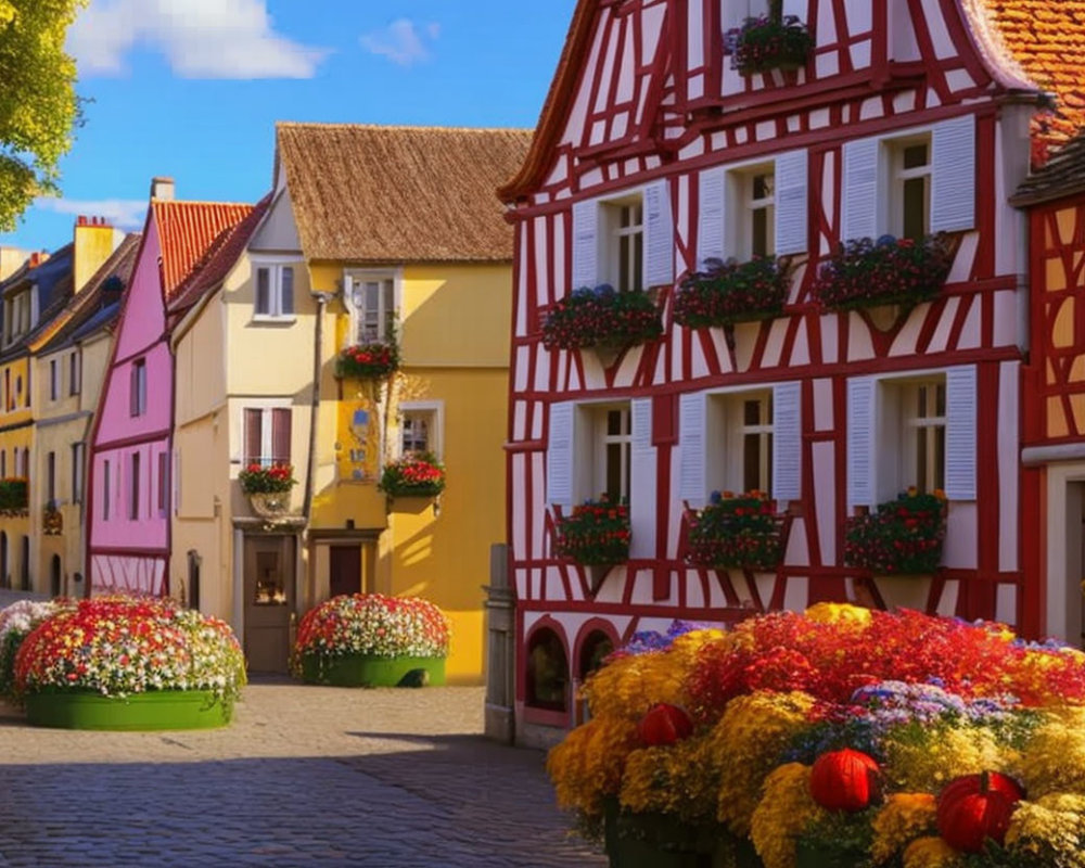 Charming cobblestone street with vibrant flowers and half-timbered houses