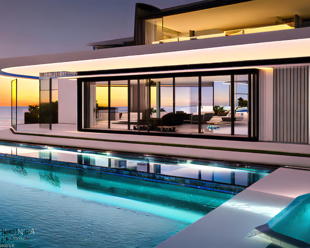 Luxurious Beachfront Villa with Illuminated Interior and Infinity Pool at Dusk