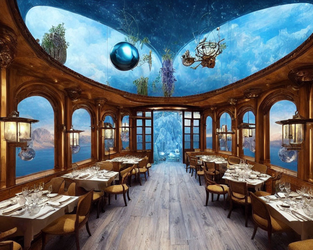 Fantasy-themed dining room with underwater view ceiling and mountainous landscape.