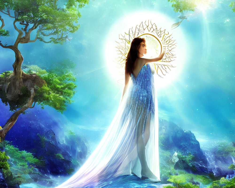 Mystical woman in blue gown with dove near glowing tree in vibrant forest