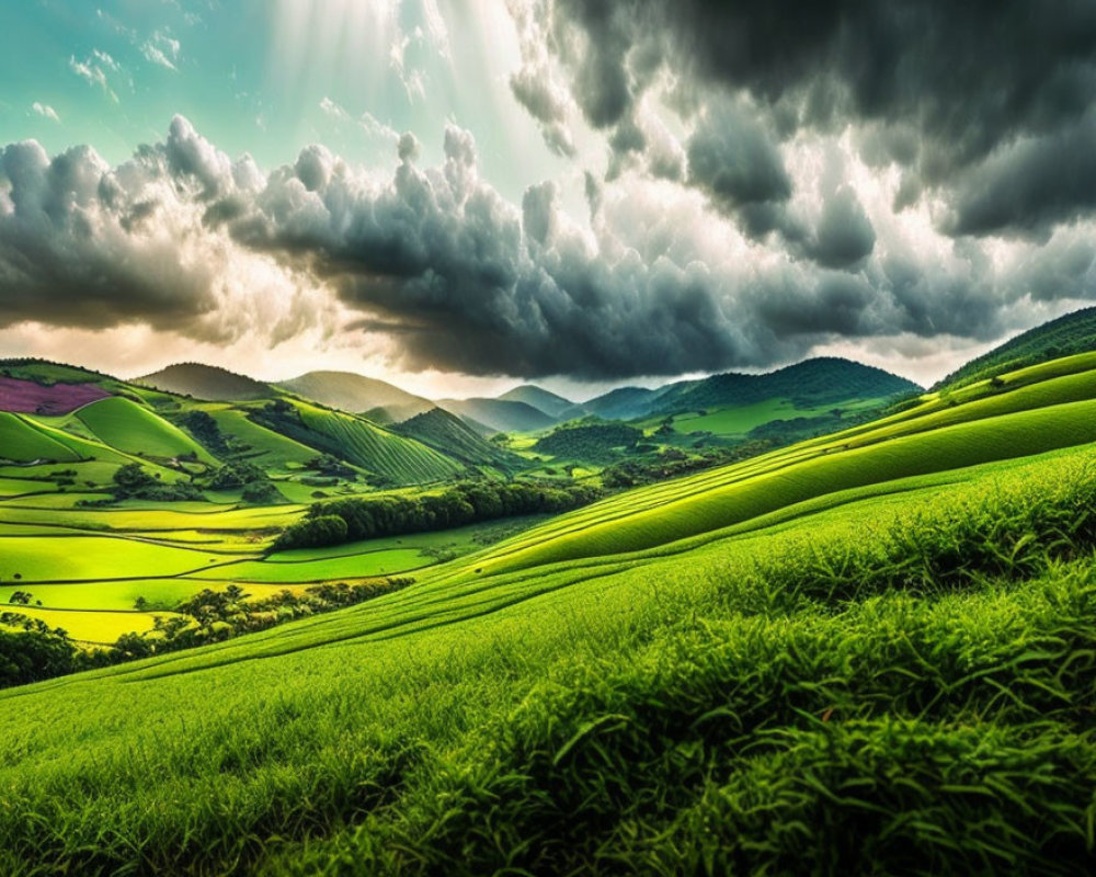 Lush countryside landscape with vibrant green hills and dramatic sky