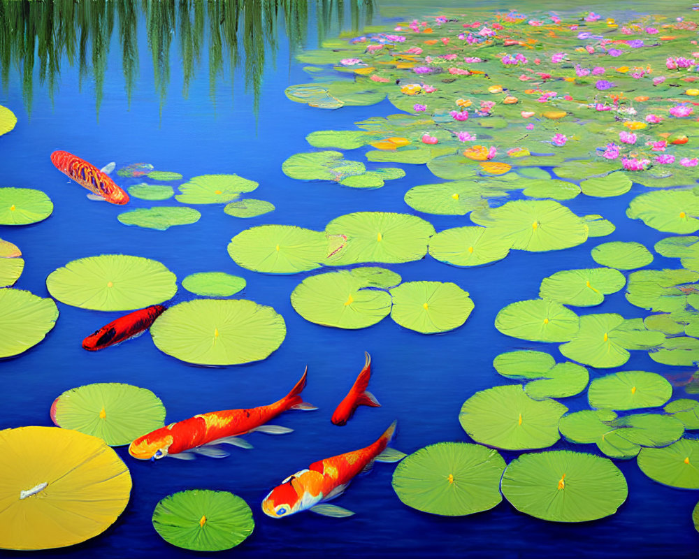 Vibrant koi fish, lily pads, and flowers in serene pond with willow branches