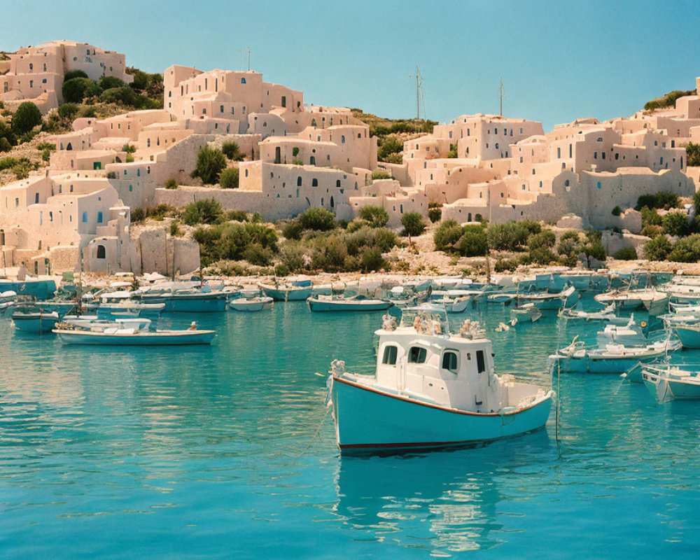 Tranquil harbor scene with blue boat, white buildings, and clear sky