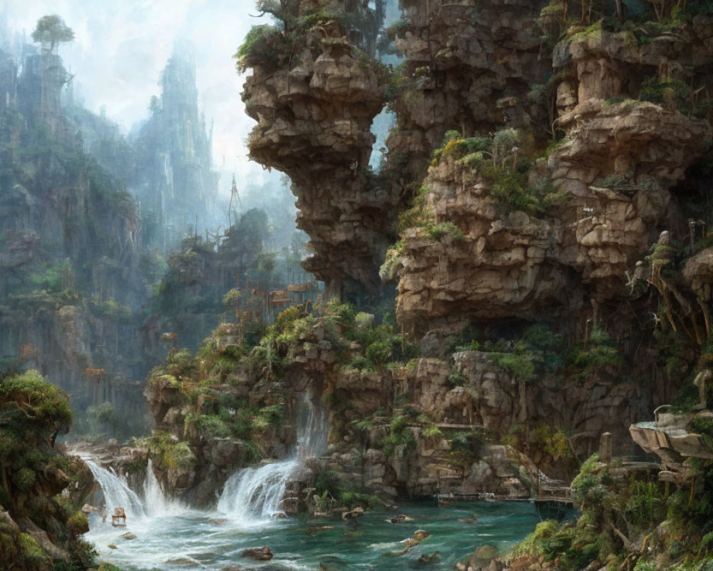 Mystical landscape with towering rock formations and waterfall in lush greenery