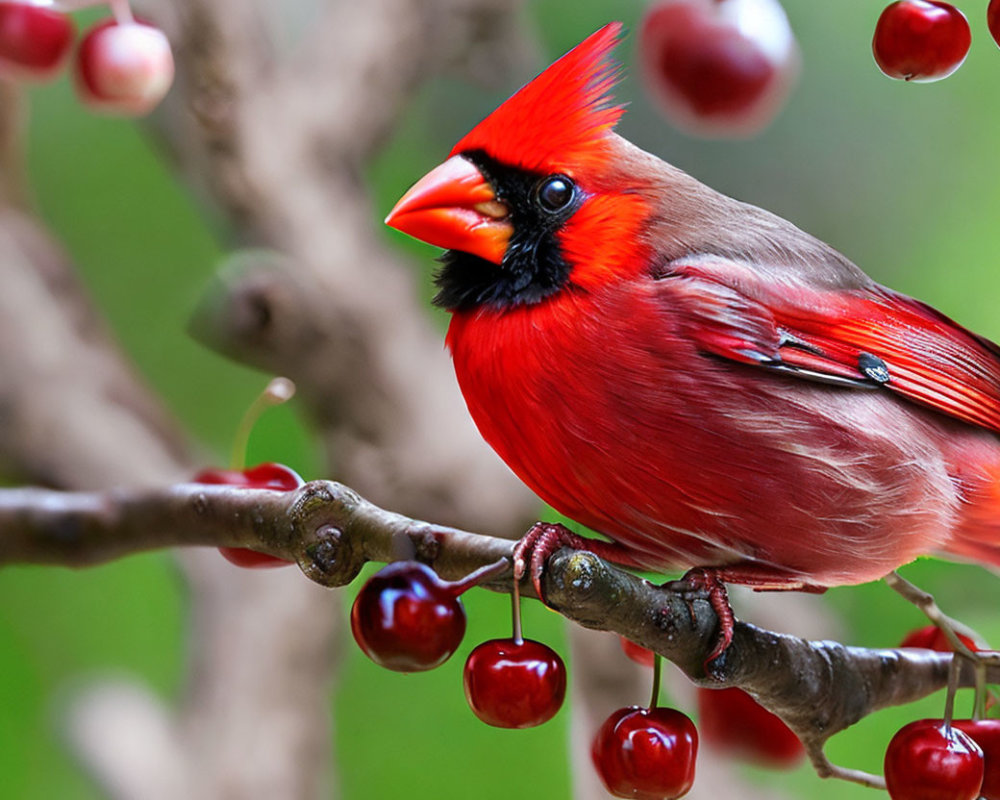 Vibrant red cardinal on branch with red berries in green background