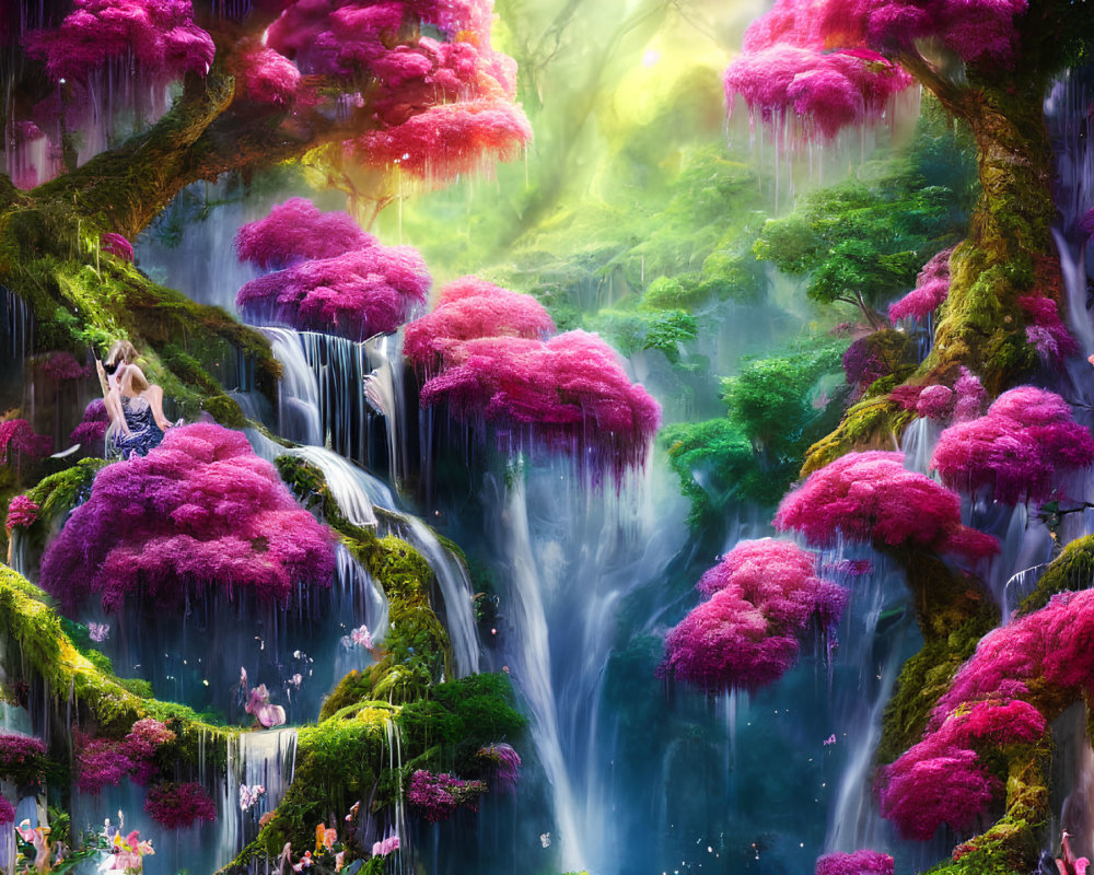 Fantasy landscape with pink foliage, waterfalls, mist, and ethereal light.