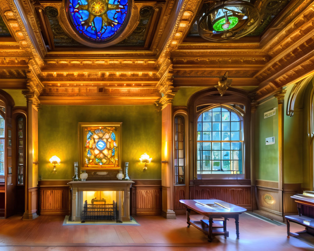 Elegant Room with Fireplace, Stained Glass, Wood Paneling