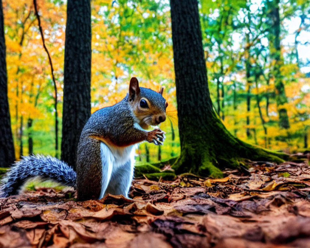 Squirrel with nut surrounded by autumn leaves and vibrant forest trees