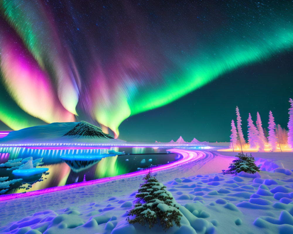 Starry night sky with vivid aurora borealis over snowy landscape