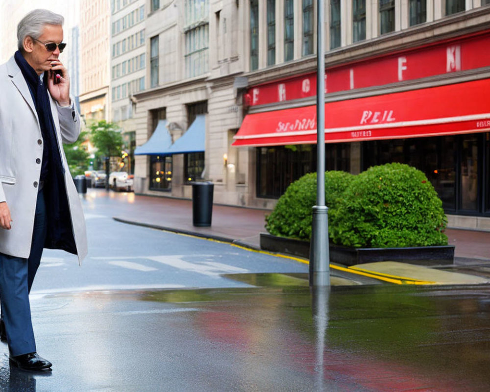 Elderly man in coat and sunglasses talking on cellphone in city street.