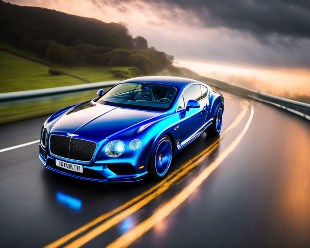 Luxury sports car in blue with motion blur on highway under dramatic cloudy sky