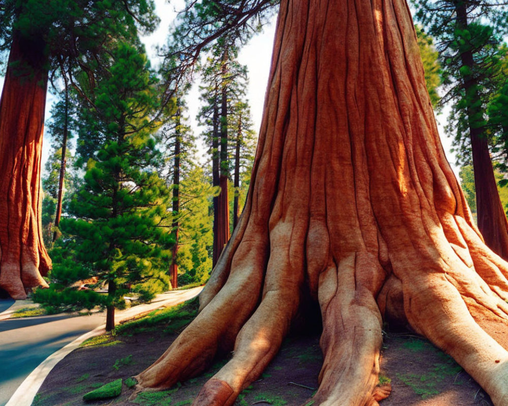 Majestic giant sequoia tree in forest sunlight