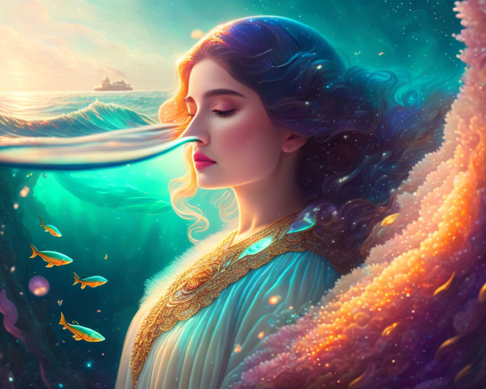 Woman blending into vibrant seascape with fish against cosmic background