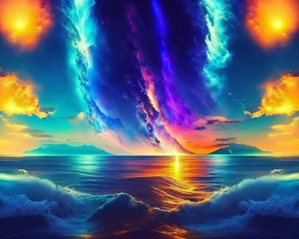 Surreal seascape with mirrored effect, vivid sunset, galaxy, and ocean waves