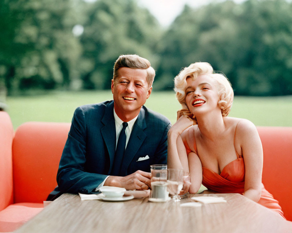 Man in suit and woman with blonde hair laughing at red booth in sunny park.