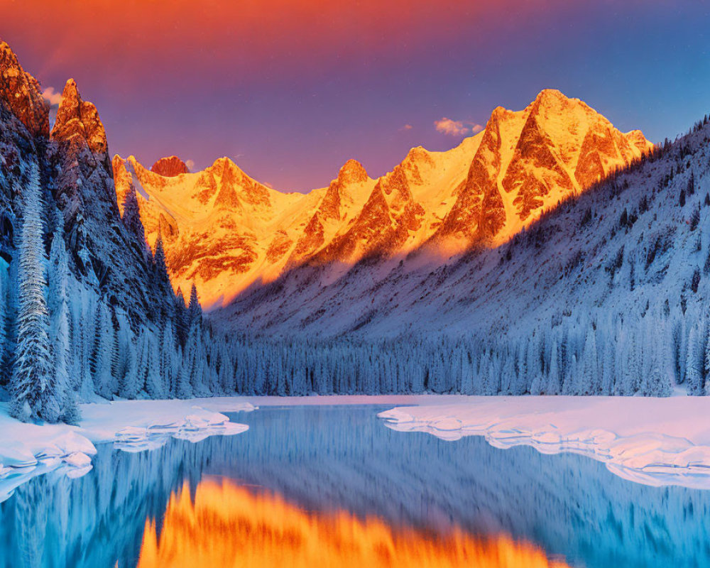 Snow-covered mountains at sunset with tranquil river reflecting warm colors