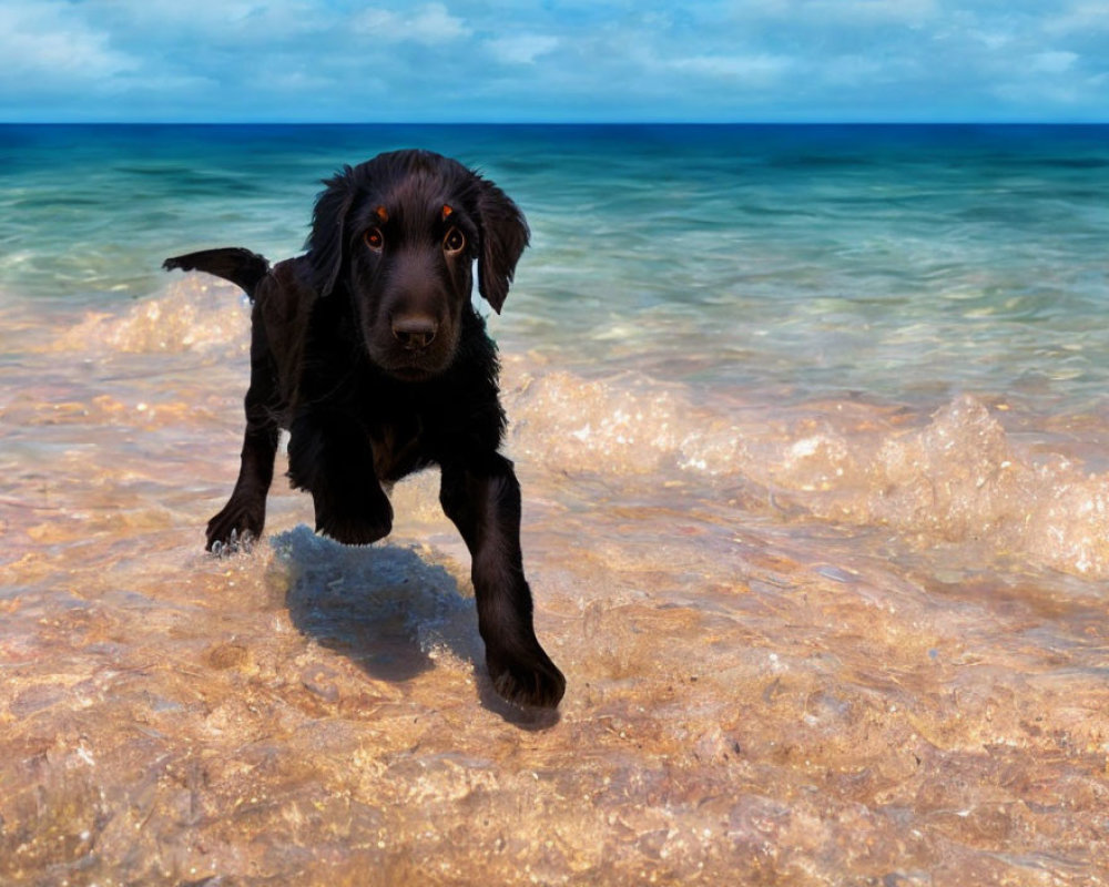 Black Puppy Playing in Shallow Ocean Water with Clear Blue Sky