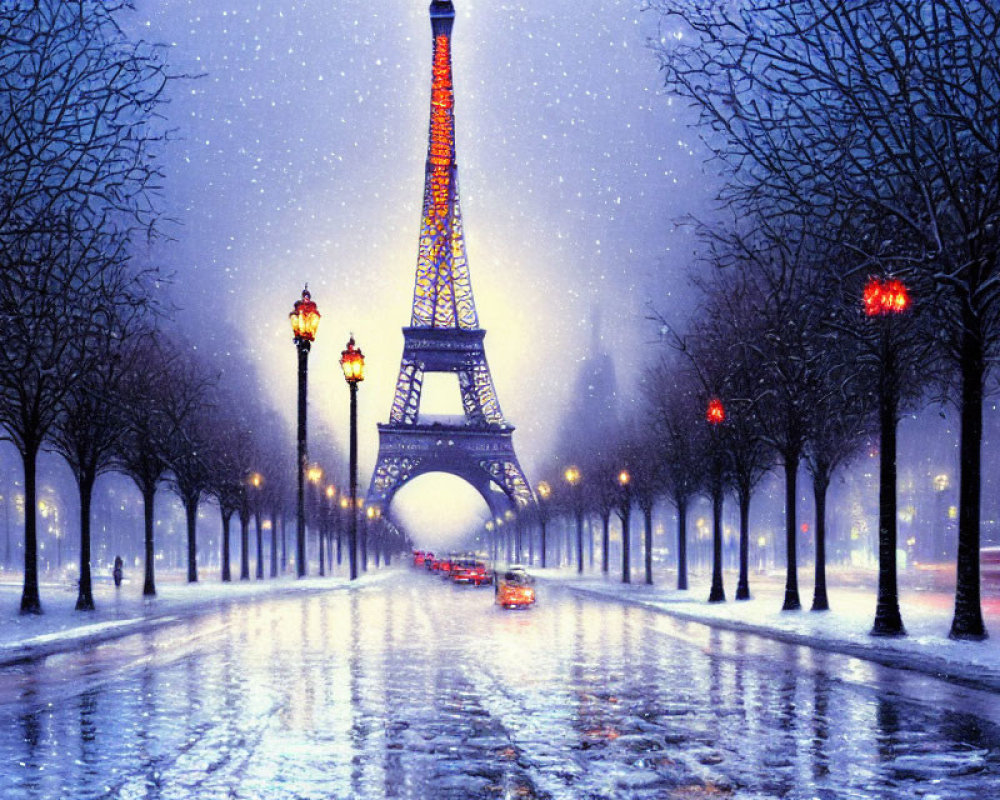 Snowy Night Scene: Eiffel Tower Illuminated, Street Lamps, Trees, Car Lights