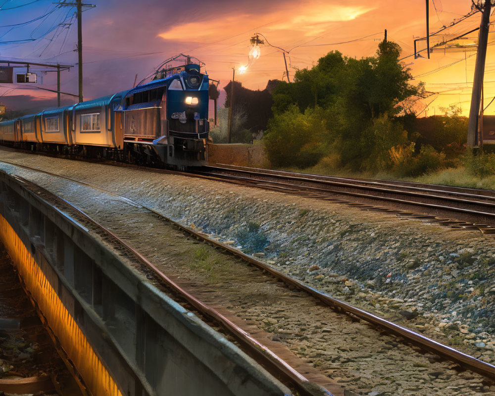 Train approaching on tracks at dusk with vibrant orange and blue sky and overhead power lines.