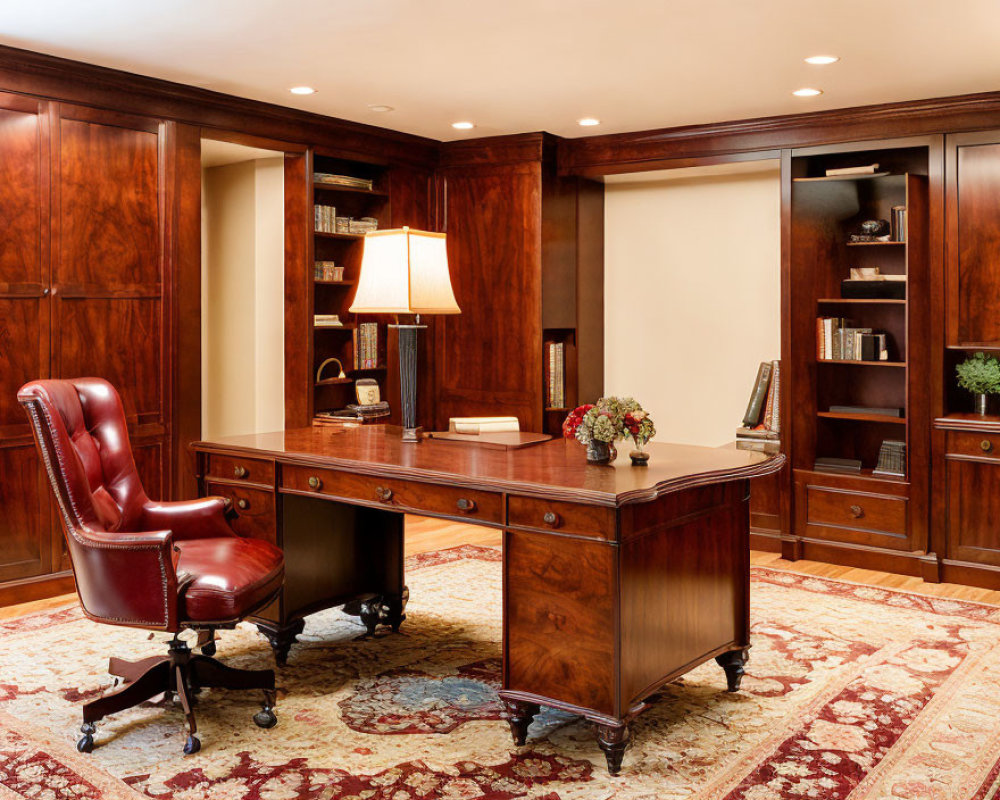 Sophisticated home office with wooden paneling, desk, bookshelves, carpet, lamp,