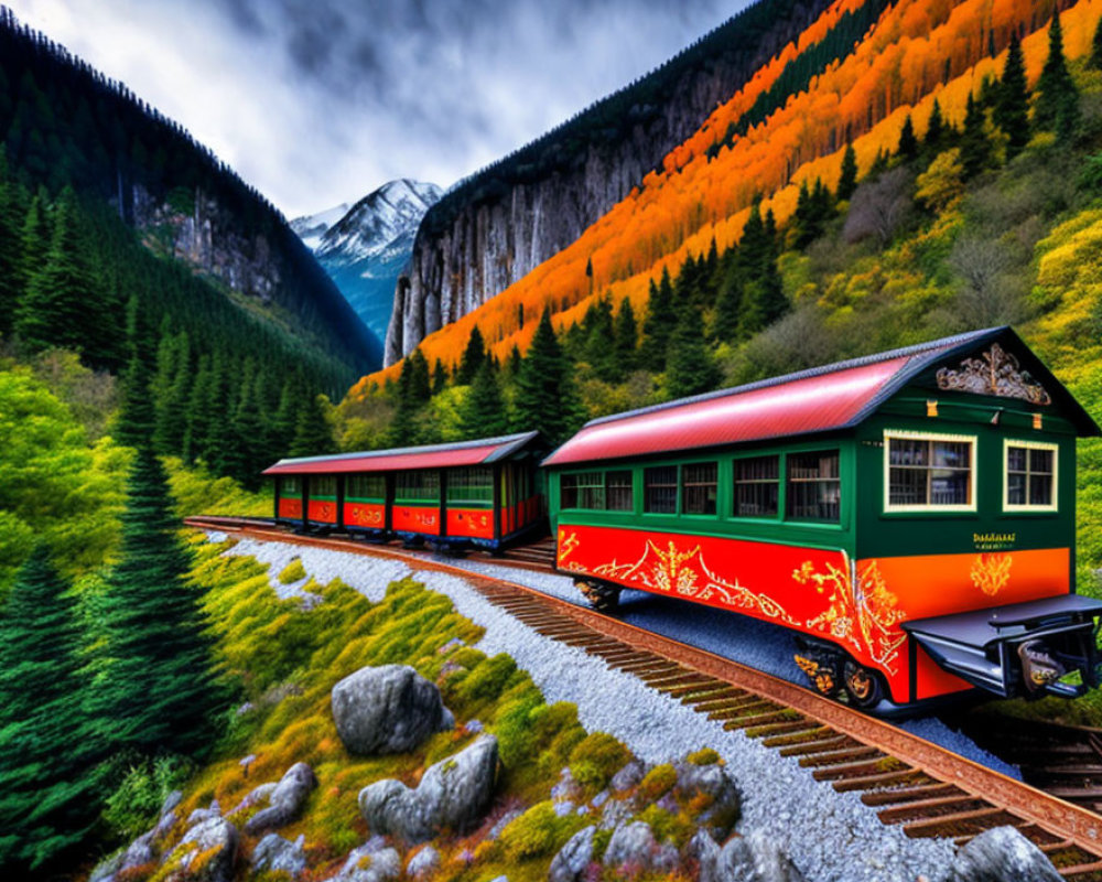 Colorful train travels through autumn mountainscape