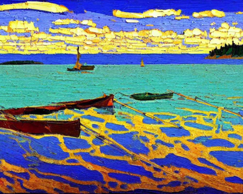 Vibrant Expressionist Painting of Boats on Shore