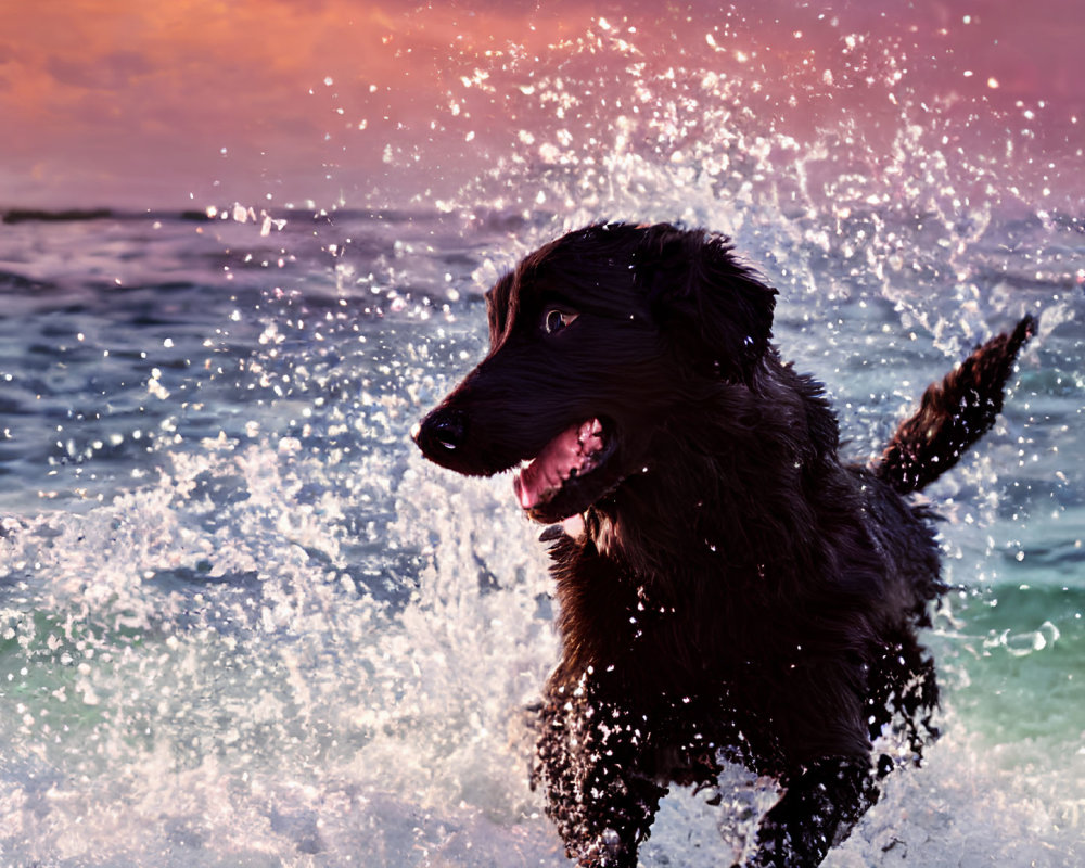 Black Dog Playing in Sea at Sunset with Pink and Orange Sky