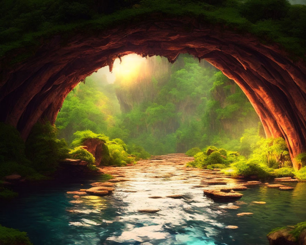 Tranquil river under rock arch in lush setting & warm sunlight.