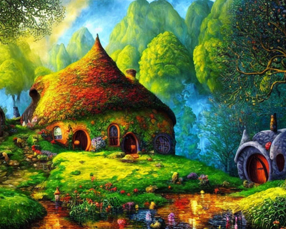 Vibrant fairytale village painting with moss-covered houses