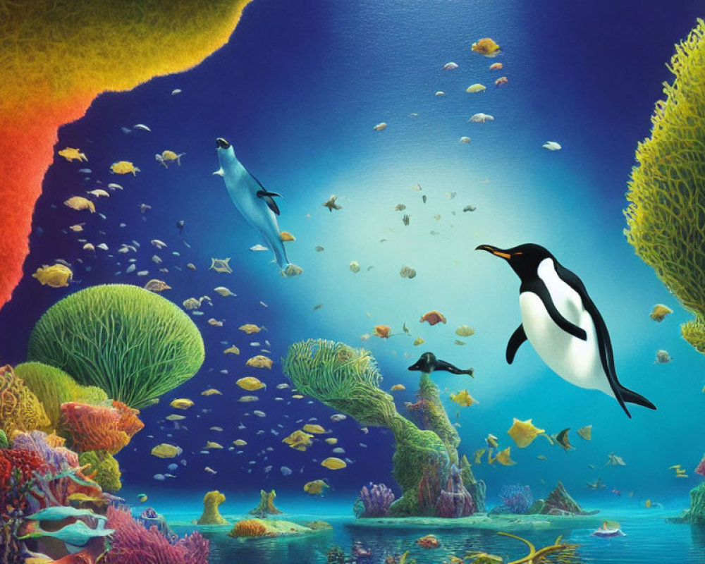 Colorful Underwater Scene with Penguins and Marine Life