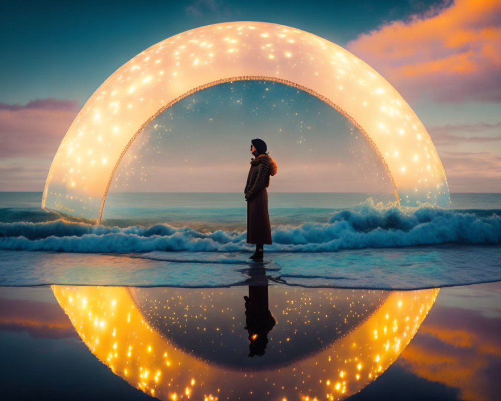 Silhouetted Person on Beach at Twilight with Glowing Circular Light Installation