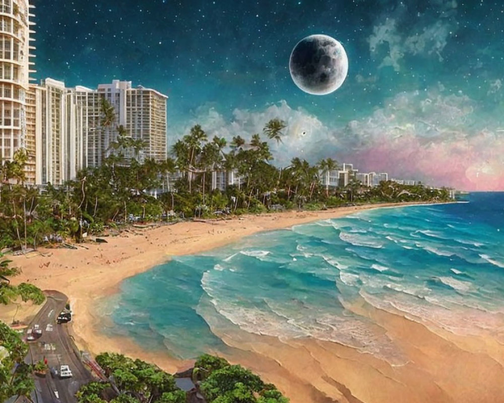 Surreal beach scene at dusk with moon, palm trees, and high-rise buildings