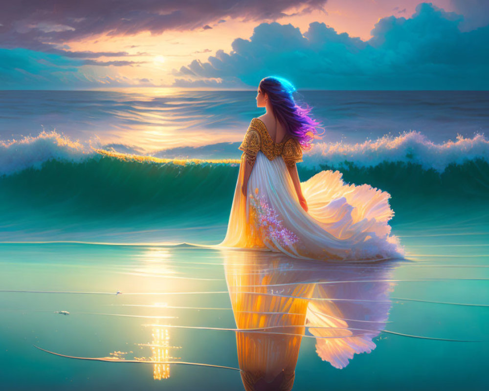 Woman in elegant gown blends with sunset colors at the shore