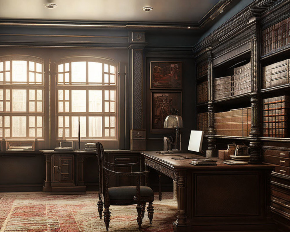 Traditional Study Room with Dark Wood Furniture and Large Windows