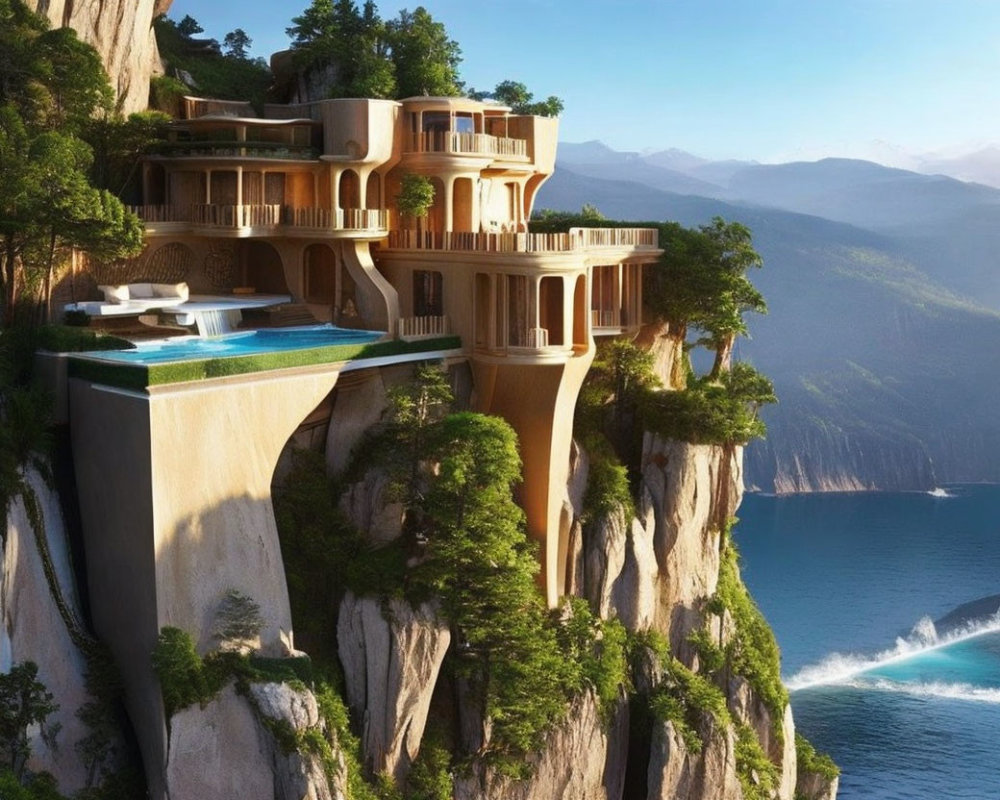 Luxurious multi-level cliffside house with modern architecture overlooking ocean surrounded by greenery