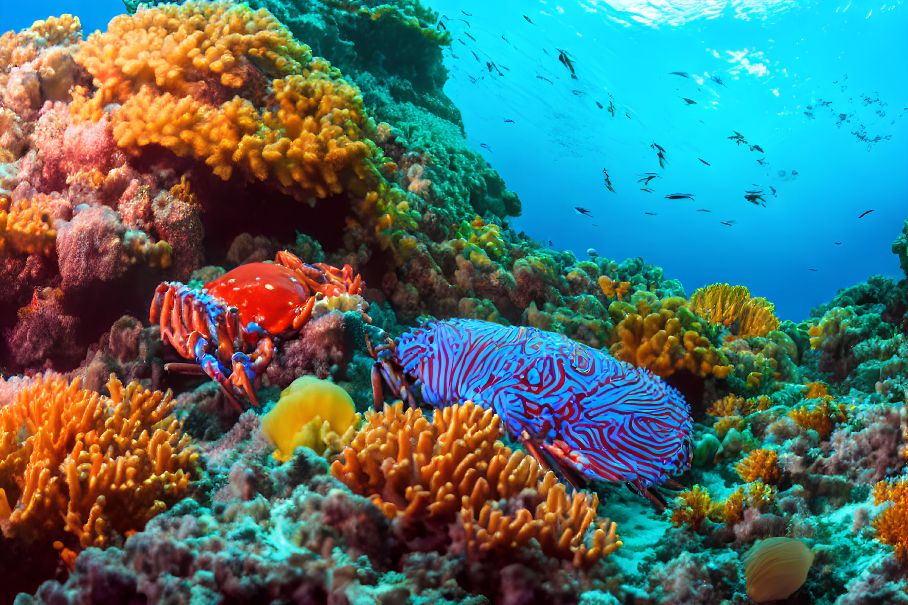 Vibrant parrotfish and crab in colorful marine life scene