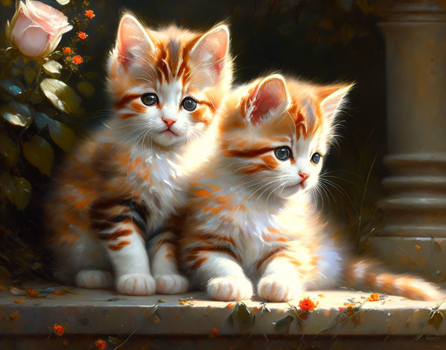 Orange and White Kittens Sitting in Greenery with Flowers