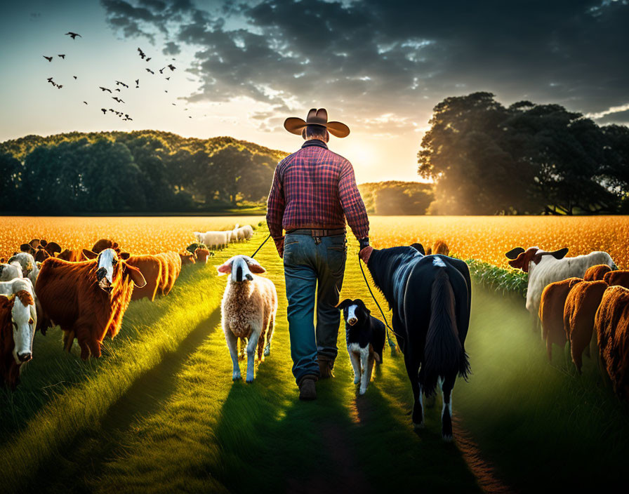 Cowboy herding cattle with dog in lush field at sunset