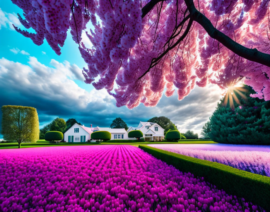 Colorful Tulip Field and Cherry Blossoms with White House and Sunburst