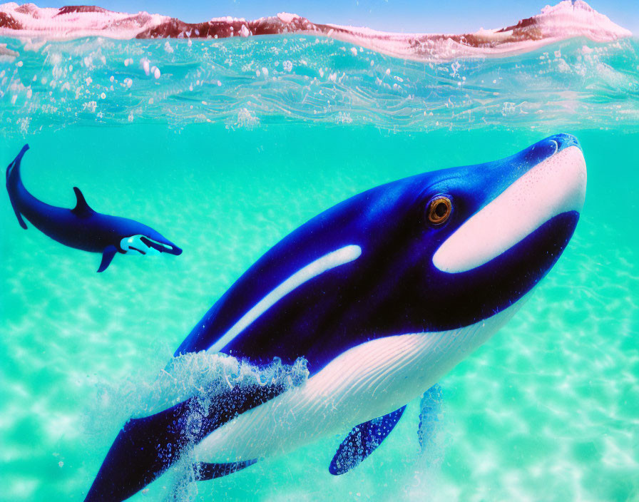 Colorful Underwater Scene with Orca and Dolphin in Turquoise Waters