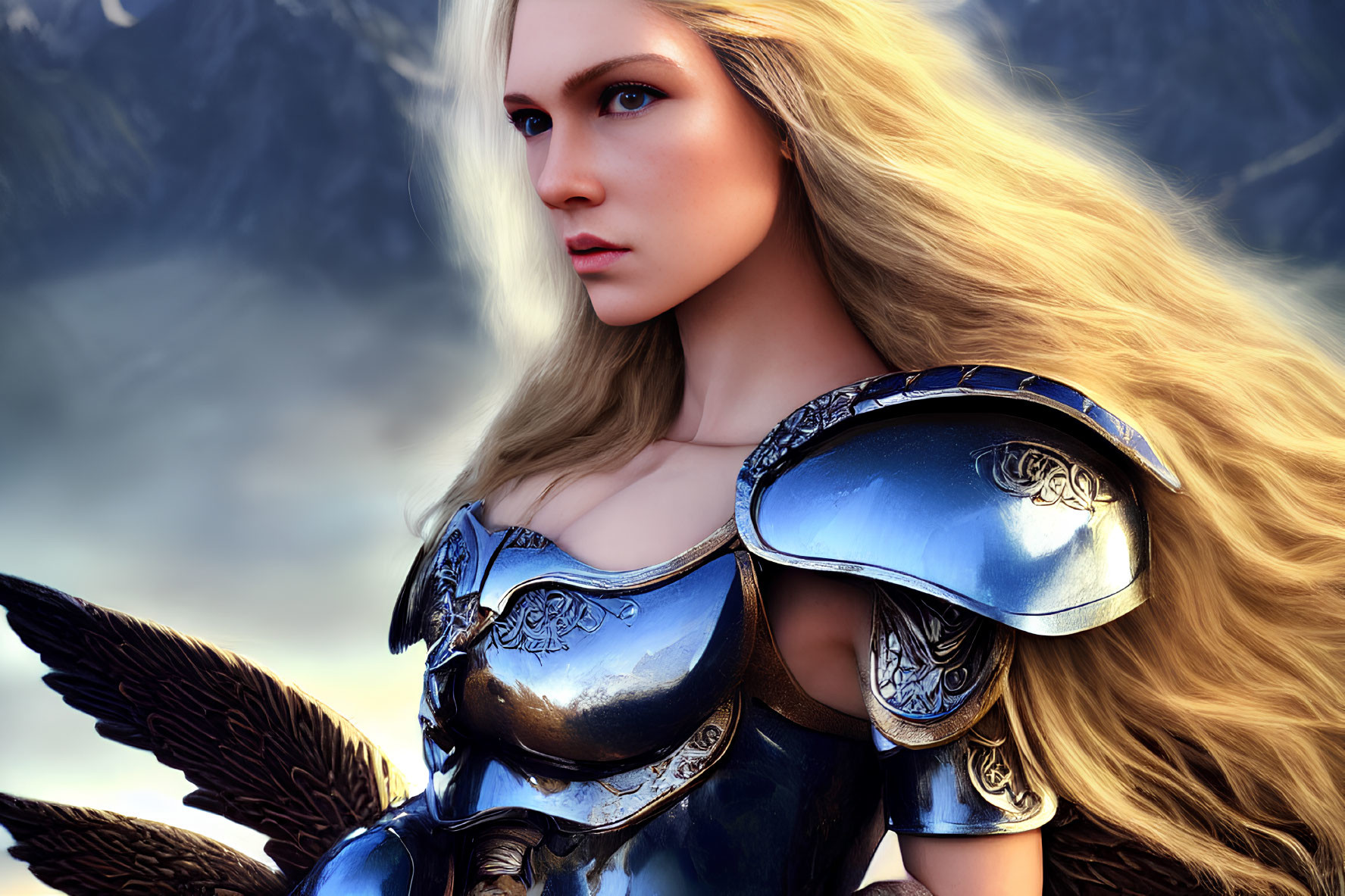 Blonde woman in blue armor with feathered wings