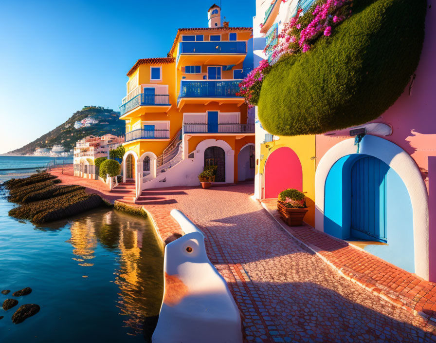 Vibrant Mediterranean Style Buildings Along Waterway