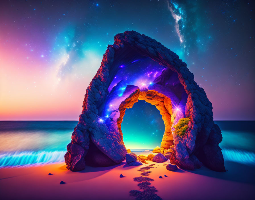 Starry Night Sky Overlooking Beach Through Rock Arch