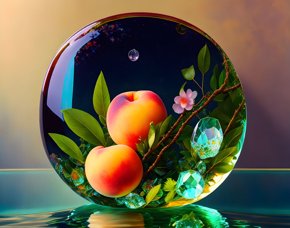 Colorful surreal artwork: round glossy object, cosmic background, peaches, leaves, flowers, gems